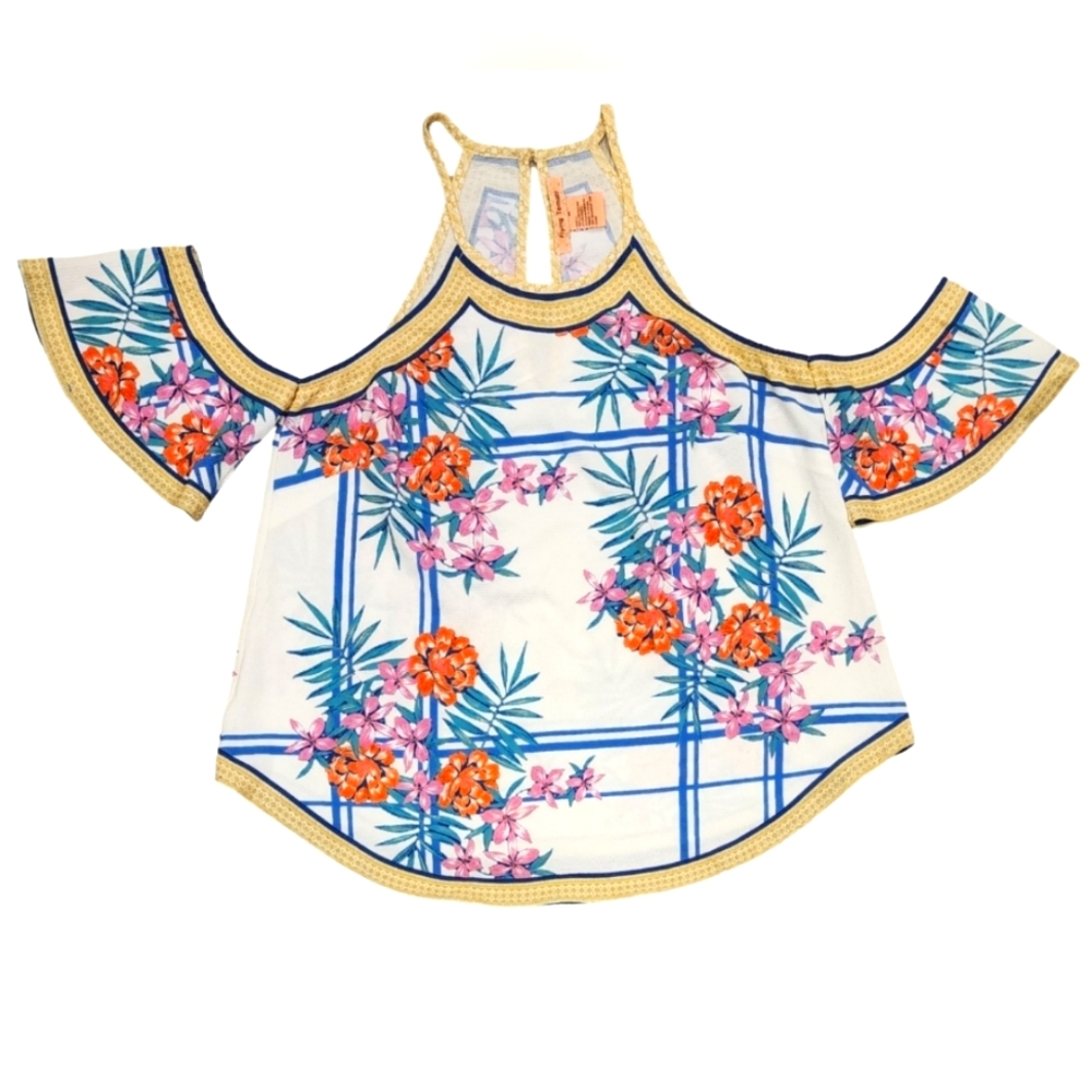 Flying monkey cold shoulder floral blouse,  size M